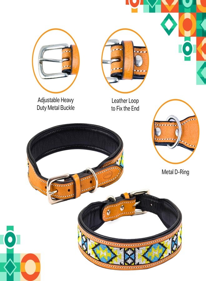 ADIL'S Beaded Leather Dog Collar 1.5 Inch Width, for Small, Medium & Large Dogs, Hand Tooled Adjustable Beaded Dog Collars with Strong Metal Buckle & D-Ring, Size: S,Natural - Image 2